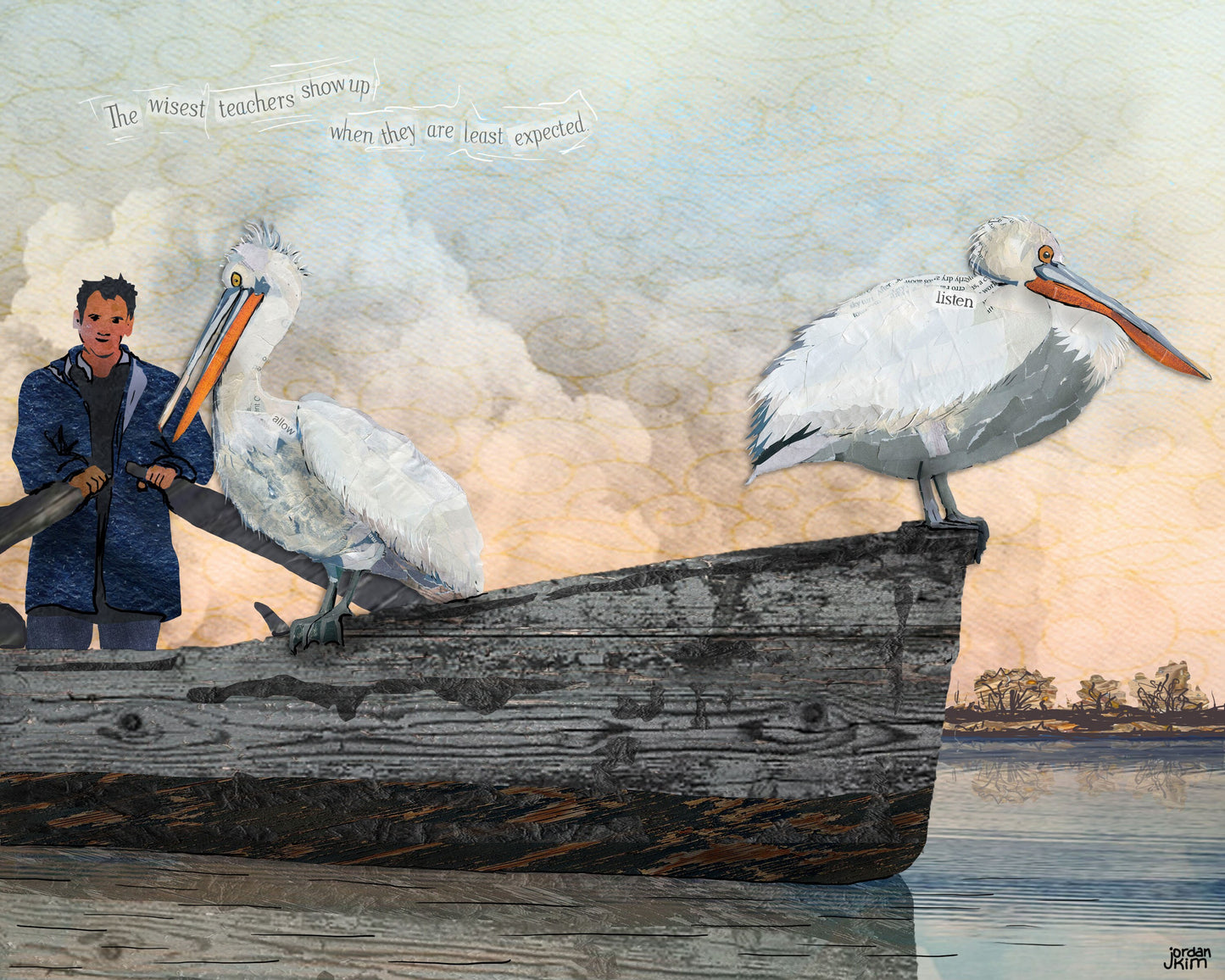 Greeting Card of mixed media collage of Dalmatian Pelicans perched on a fisherman's boat at sunrise - Blank Inside