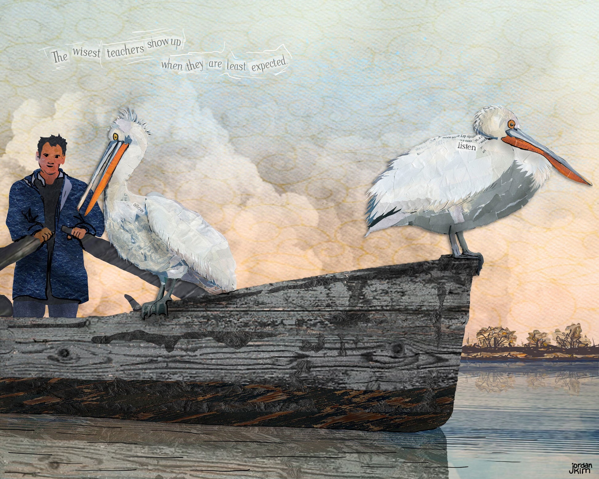 Greeting Card of mixed media collage of Dalmatian Pelicans perched on a fisherman's boat at sunrise - Blank Inside