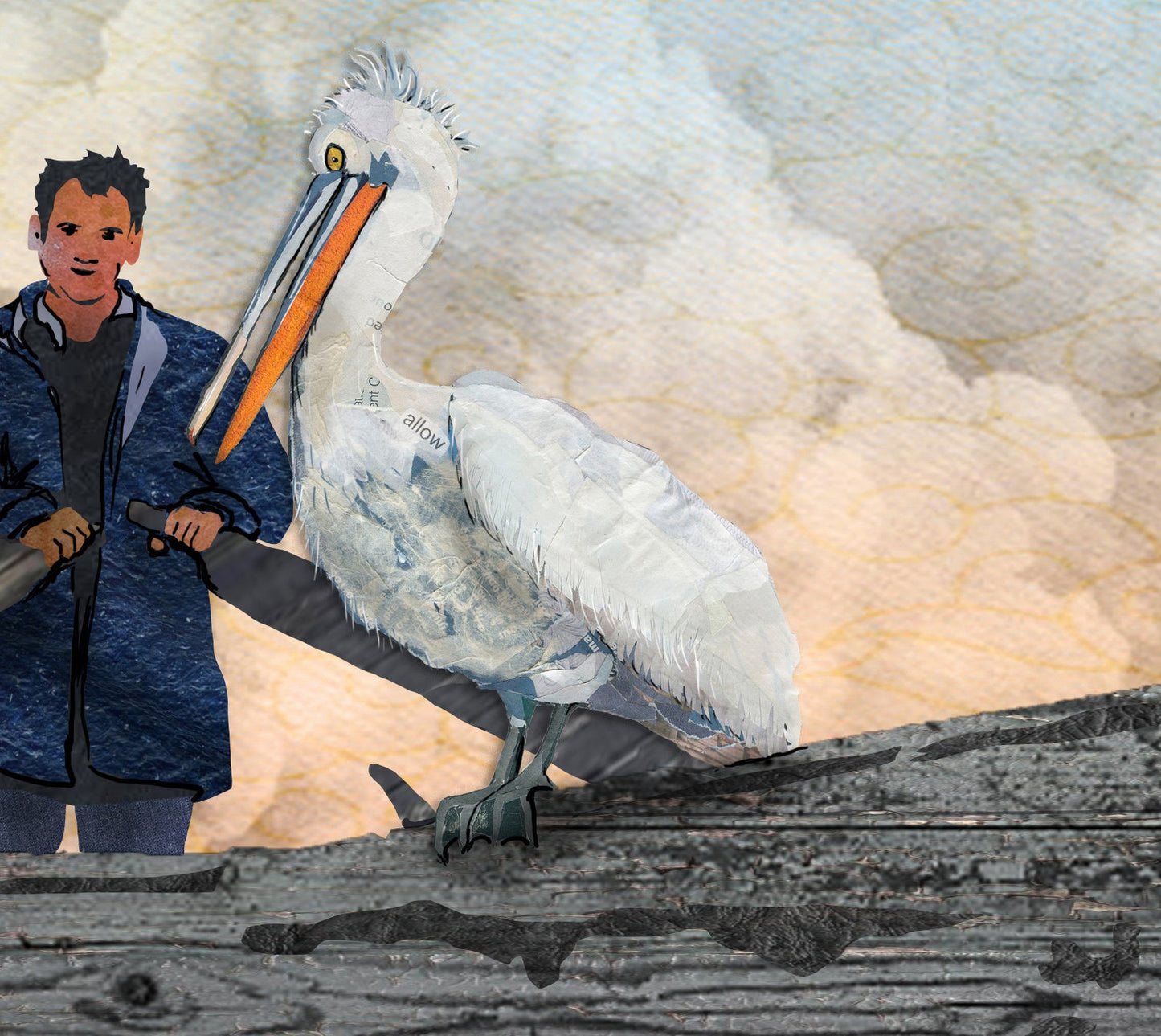 8x10 Art Print of a mixed media collage of Dalmatian Pelicans perched on a fisherman's boat at sunrise