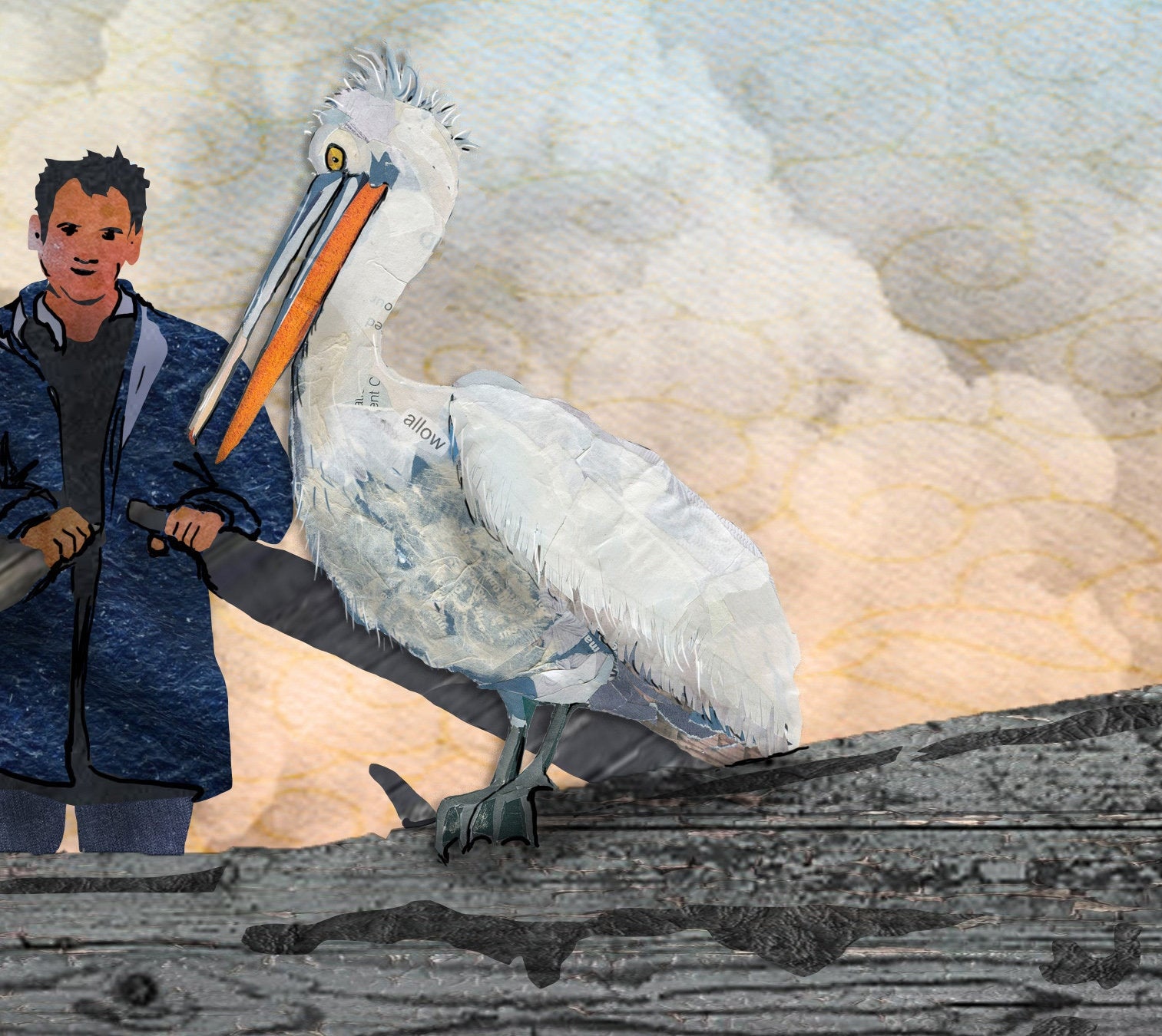 8x10 Art Print of a mixed media collage of Dalmatian Pelicans perched on a fisherman's boat at sunrise