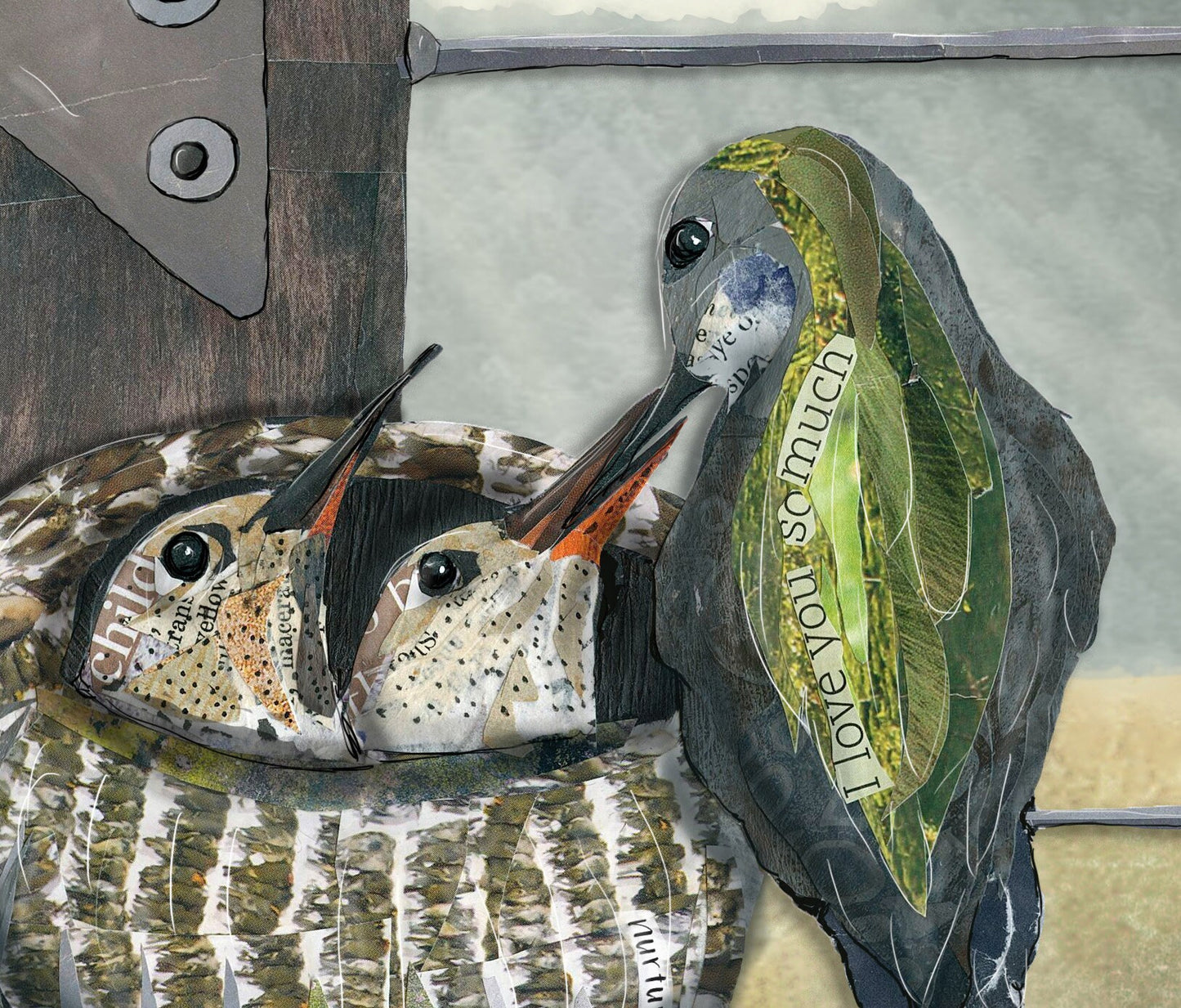 Greeting Card of mixed media collage of a Calliope Hummingbird mother feeding her babies in a nest made of mittens - Blank Inside