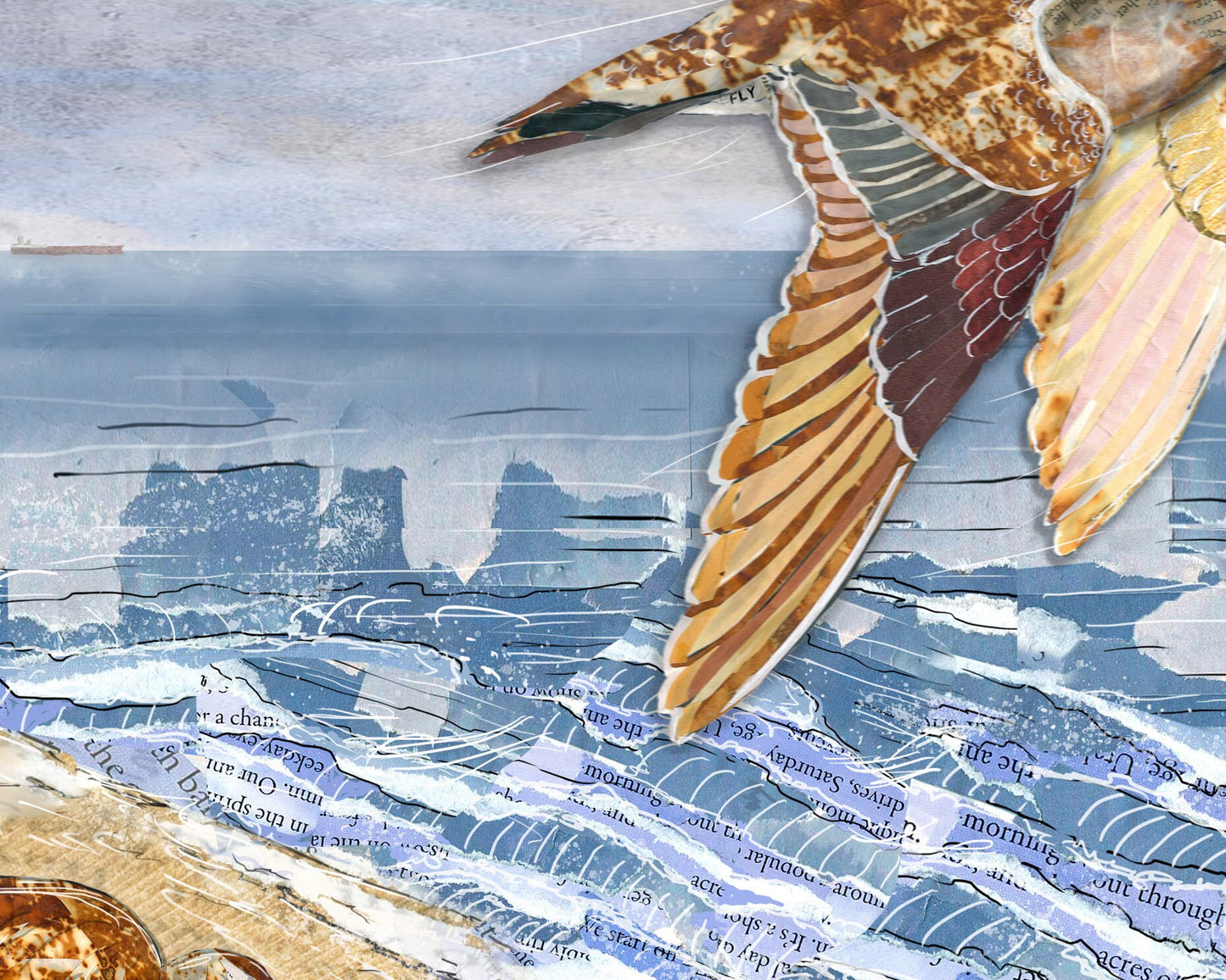 Greeting Card of mixed media collage of two Bar-Tailed Godwits at the ocean shore, beach, shorebirds, migration - Blank Inside