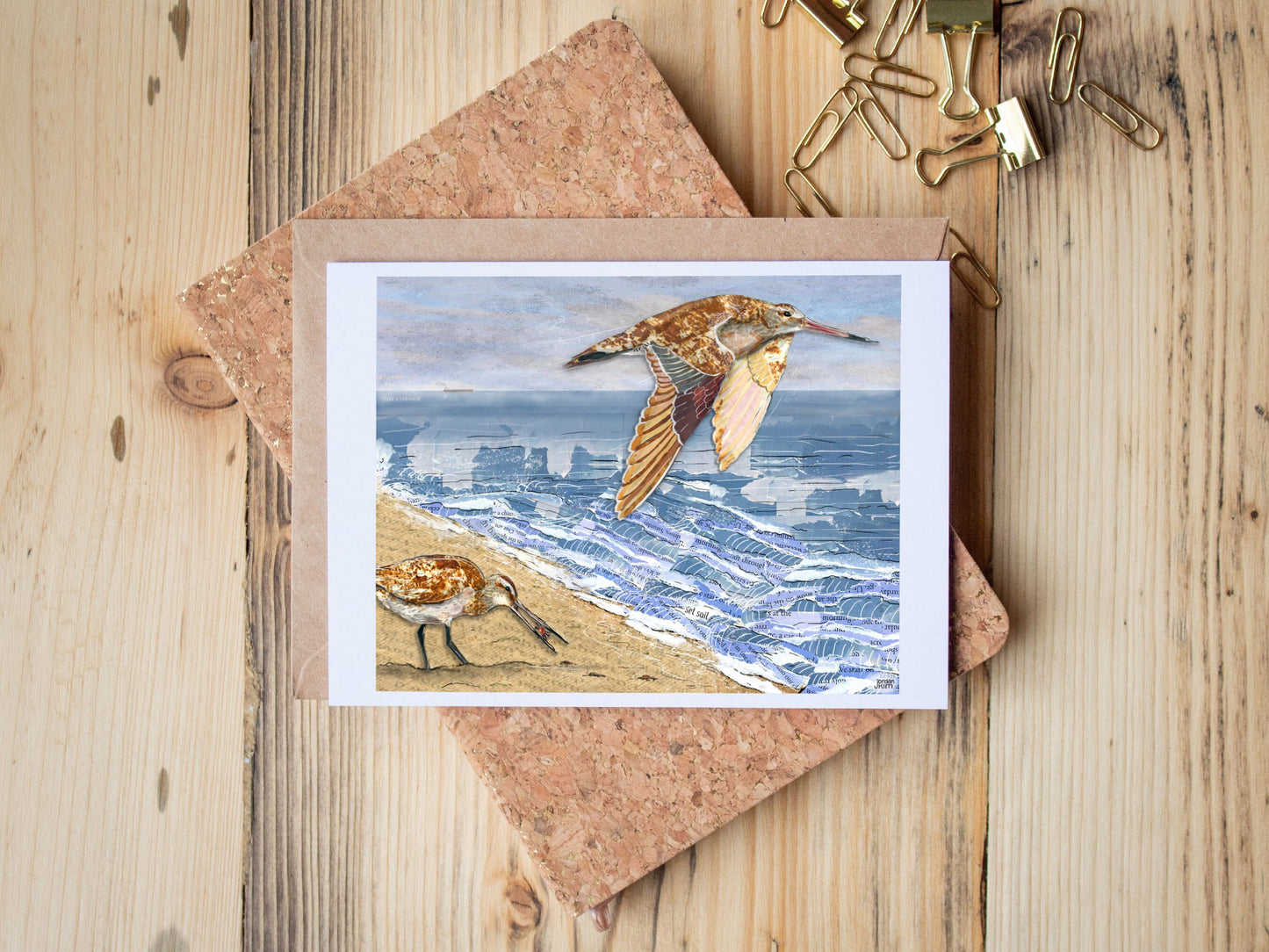 Greeting Card of mixed media collage of two Bar-Tailed Godwits at the ocean shore, beach, shorebirds, migration - Blank Inside