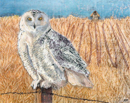 20"x16"x 1.5" Wrapped Canvas Printof a mixed media collage of a Snowy Owl perched on a fence post with birdwatcher in background
