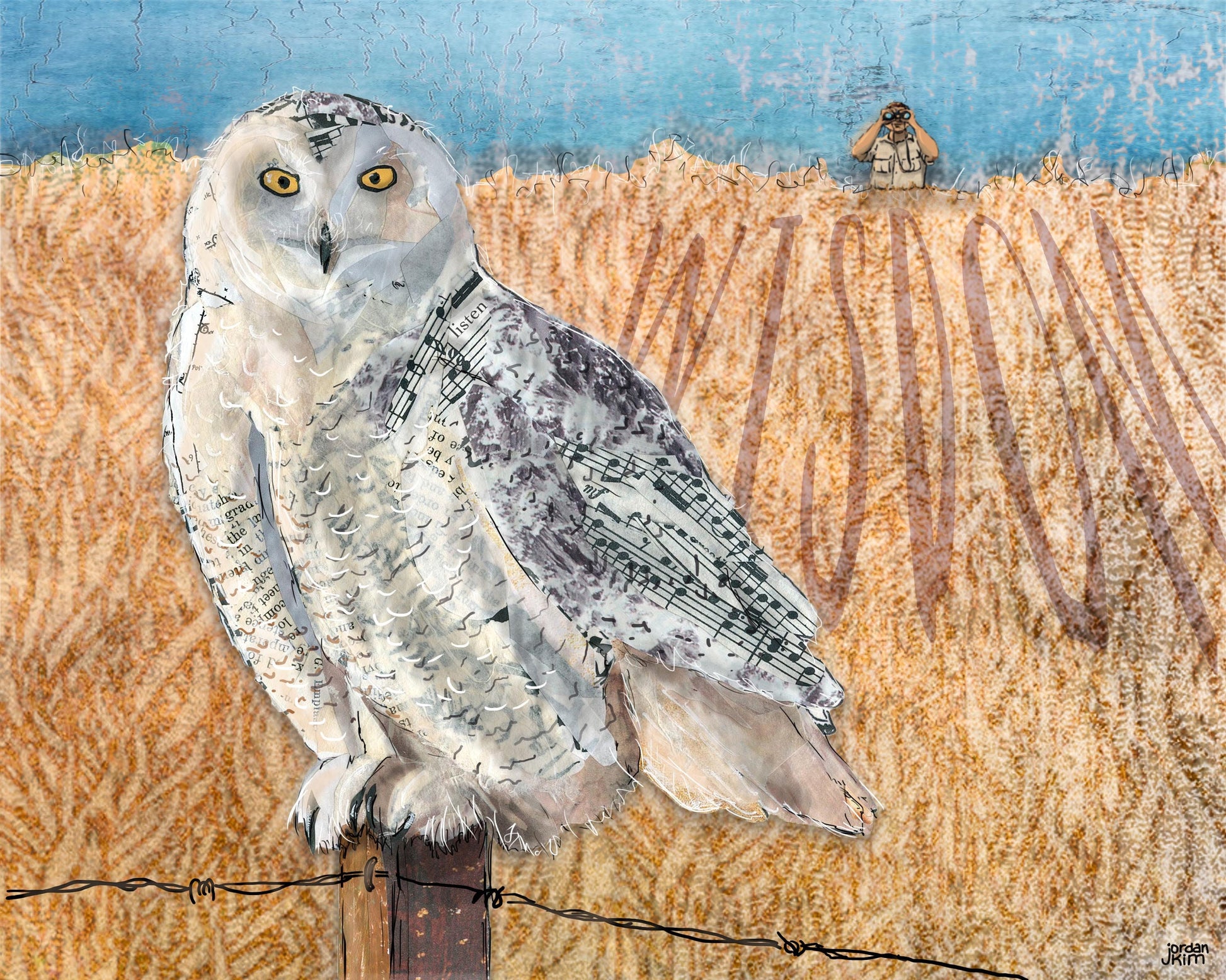 8x10 Art Print of a mixed media collage of a Snowy Owl perched on a fence post with birdwatcher in background