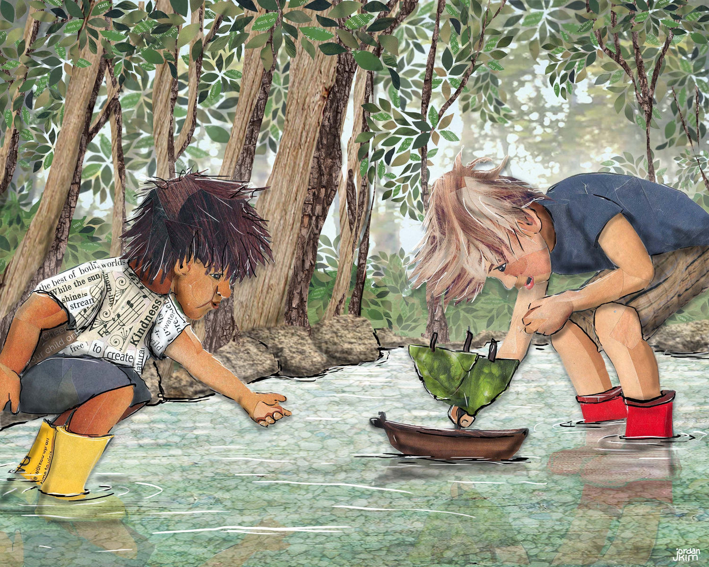 Greeting Card of mixed media collage of two children in a stream playing with a nature boat together, forest, water - Blank Inside