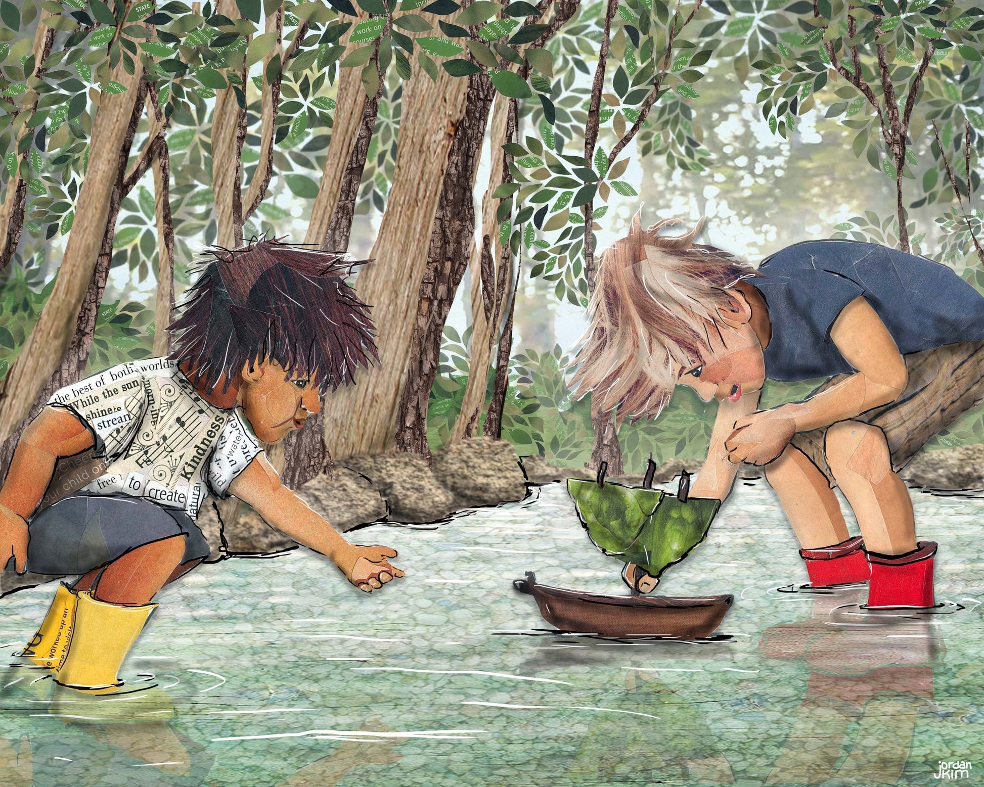 Greeting Card of mixed media collage of two children in a stream playing with a nature boat together, forest, water - Blank Inside