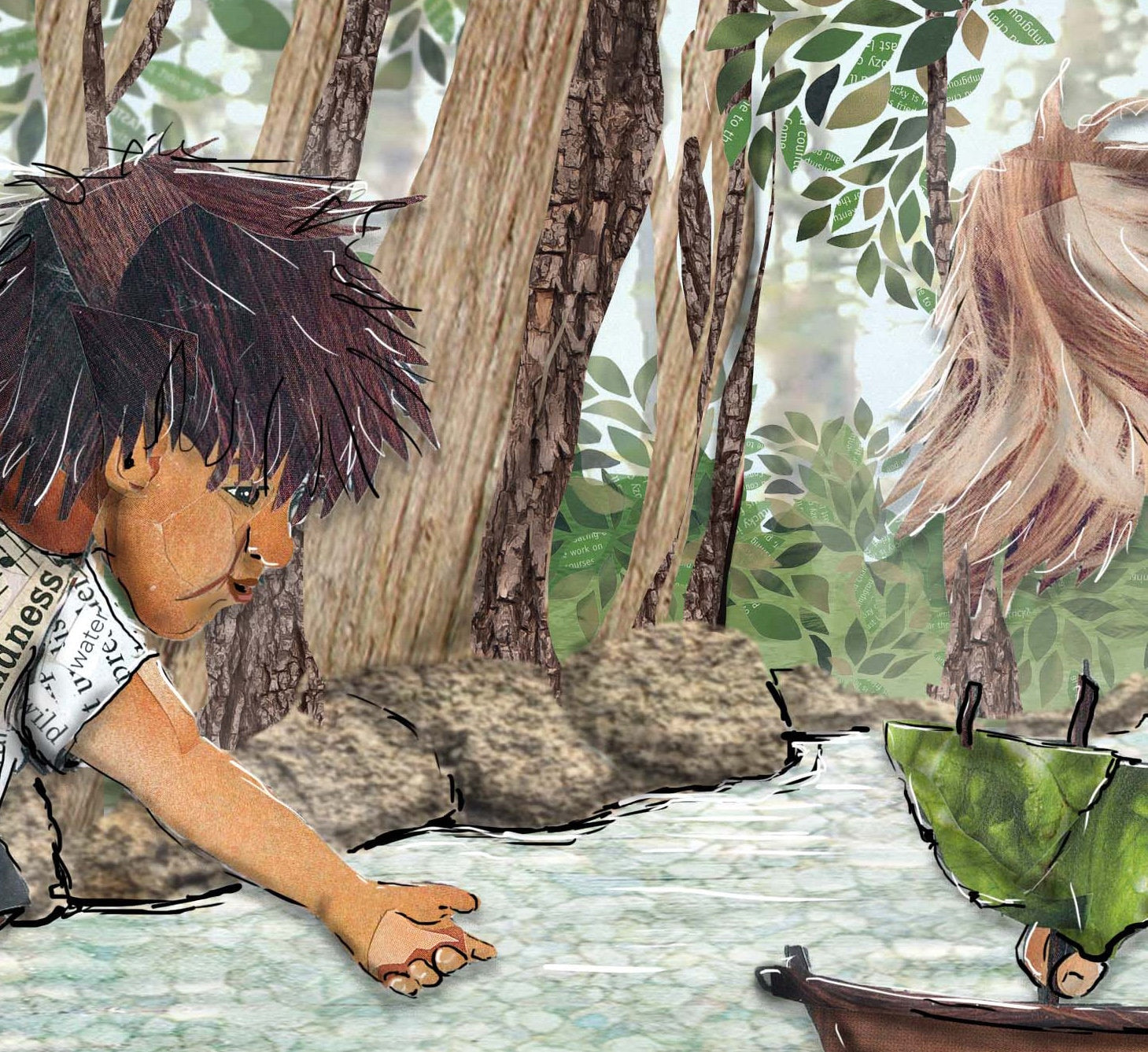 Greeting Card of mixed media collage of two children in a stream playing with a nature boat together, forest, water - Blank Inside