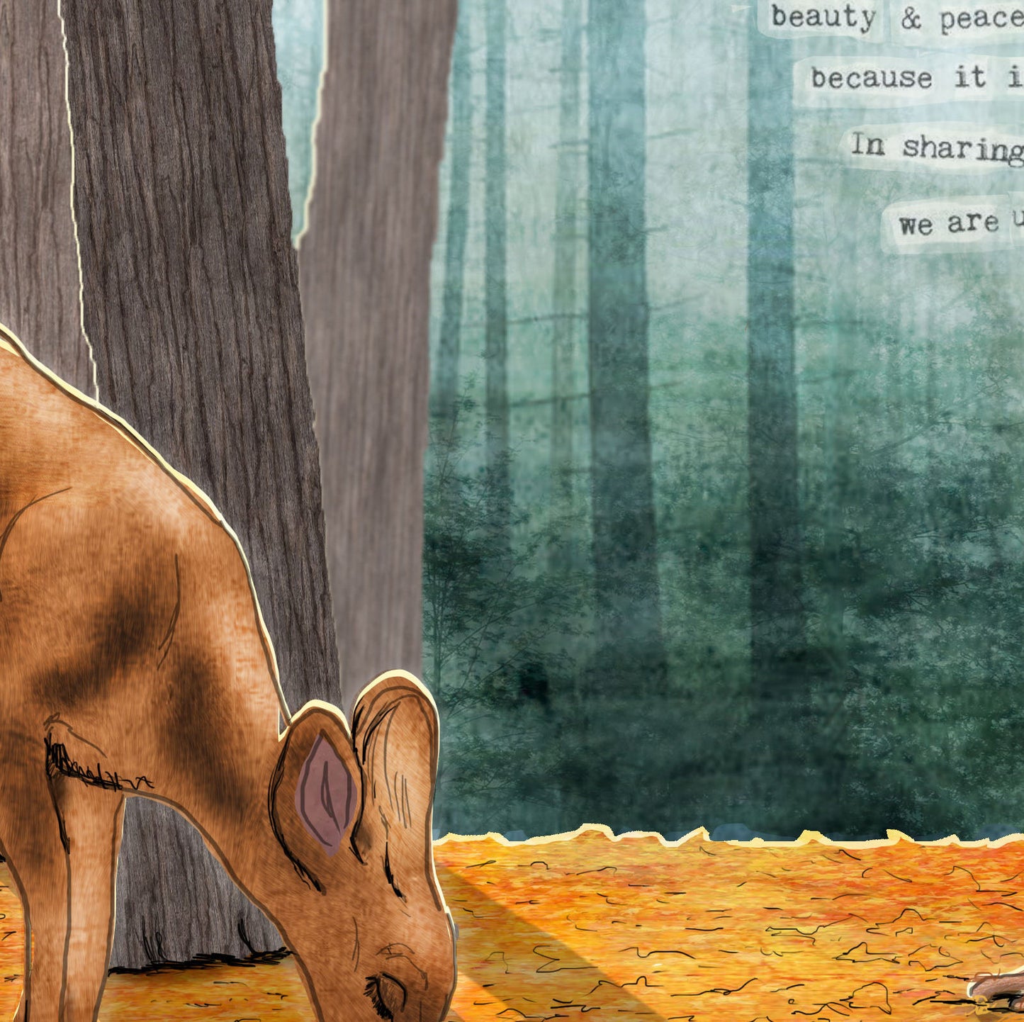 Greeting Card of mixed media collage of a small child and a deer bowing to one another in the forest, namaste prayer - Blank Inside