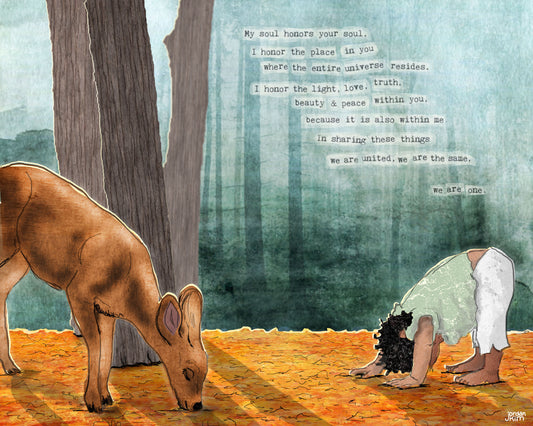 Greeting Card of mixed media collage of a small child and a deer bowing to one another in the forest, namaste prayer - Blank Inside