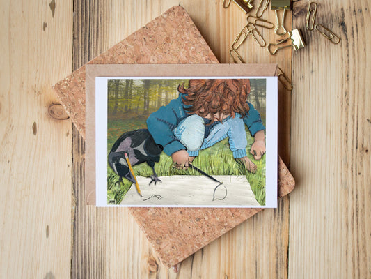Greeting Card of mixed media collage of a child and a crow drawing on a paper together, friendship, nature, birds - Blank Inside