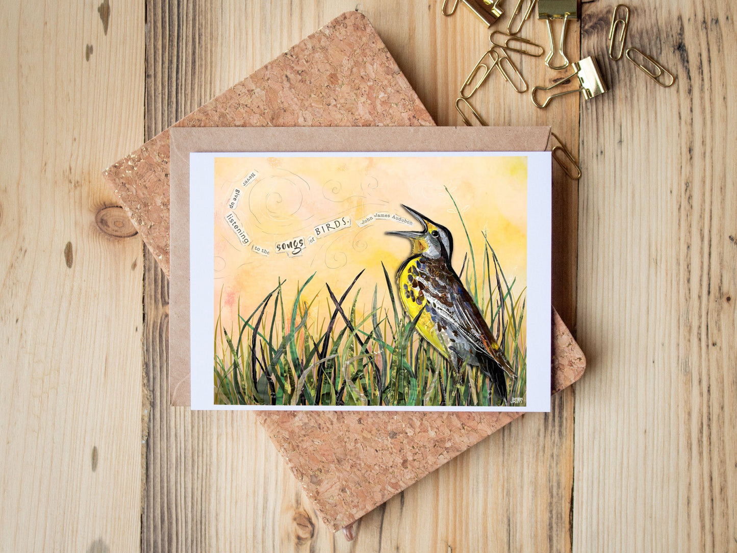 Greeting Card of mixed media collage of a Western Meadowlark singing out in the grass with a John James Audubon quote - Blank Inside