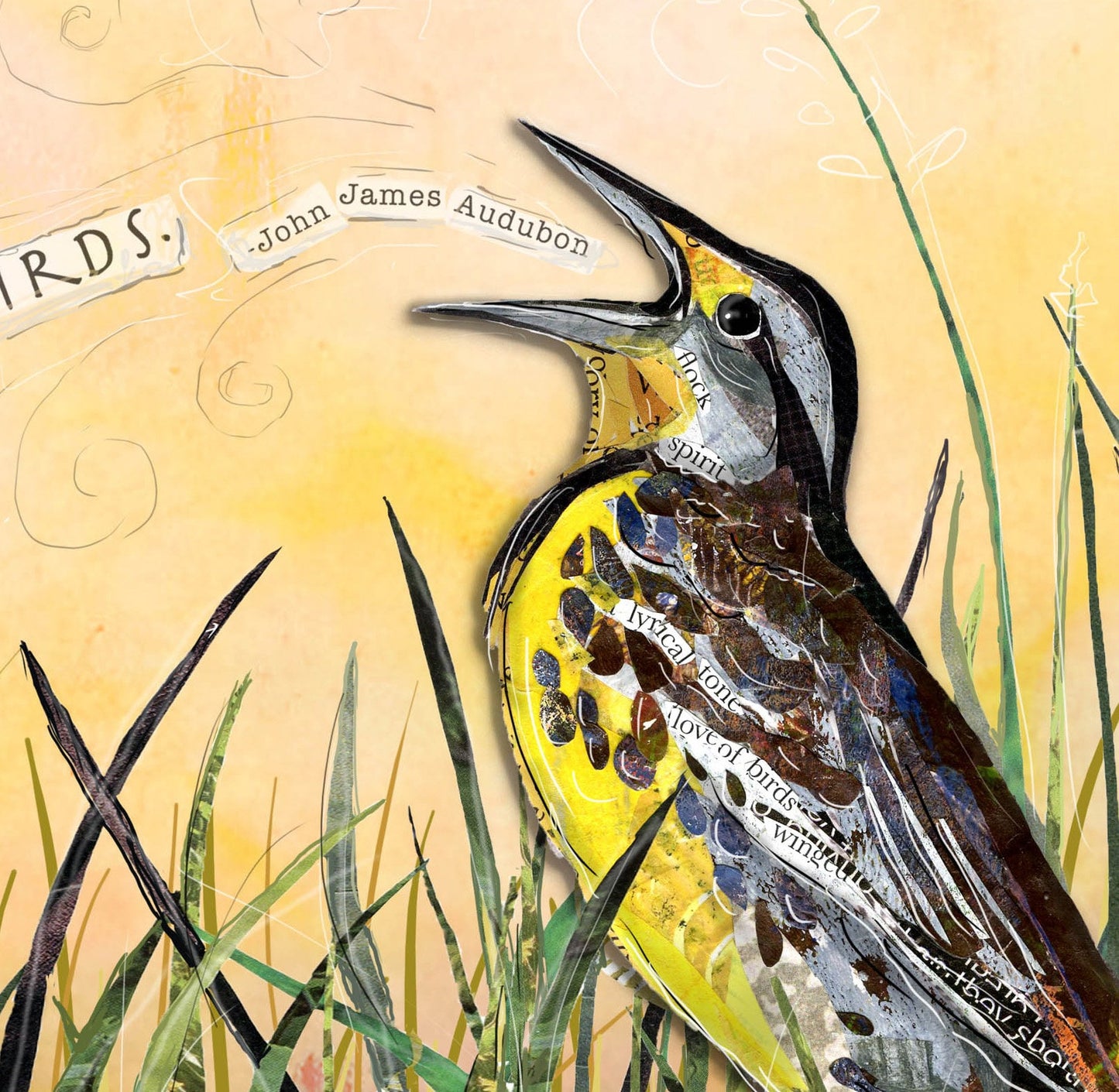 8x10 Art Print of a mixed media collage of a Western Meadowlark singing out in the grass with a John James Audubon quote