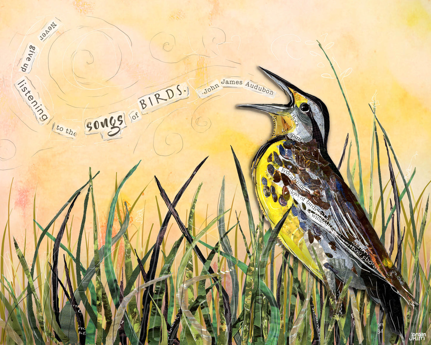 8x10 Art Print of a mixed media collage of a Western Meadowlark singing out in the grass with a John James Audubon quote