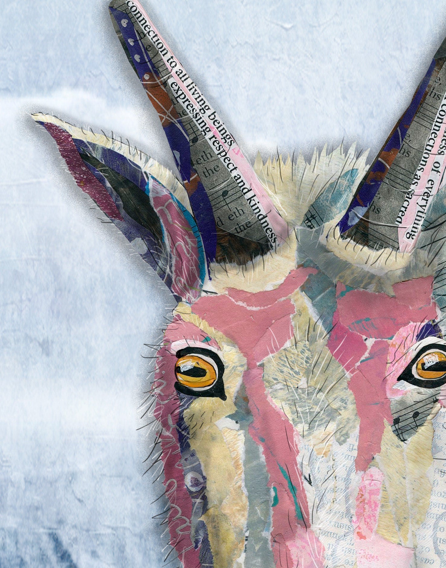 8x10 Art Print of a mixed media collage of a pink mountain goat looking at the viewer with inspirational saying, wildness is necessary