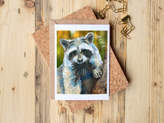 Greeting Card of mixed media collage of a raccoon with inspirational quote about nurturing your curiosity, forest, nature - Blank Inside
