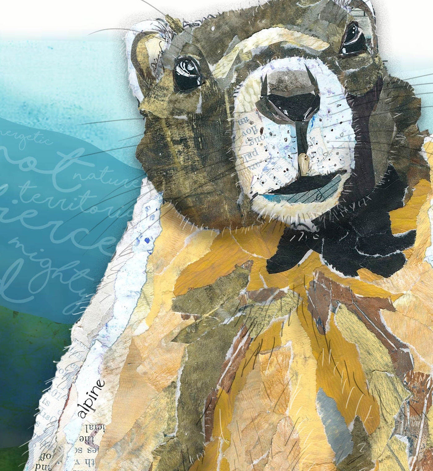 Greeting Card of mixed media collage of a marmot in the mountains, with words about marmots, fierce, strong, family first - Blank Inside