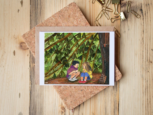 Greeting Card of mixed media collage of two children huddled under a pine tree together, childhood, secret, friends, safe - Blank Inside