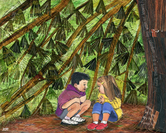 Greeting Card of mixed media collage of two children huddled under a pine tree together, childhood, secret, friends, safe - Blank Inside