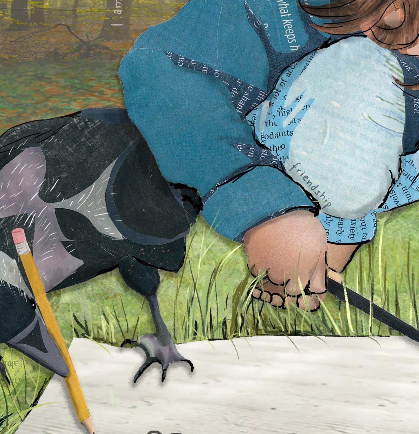 Greeting Card of mixed media collage of a child and a crow drawing on a paper together, friendship, nature, birds - Blank Inside