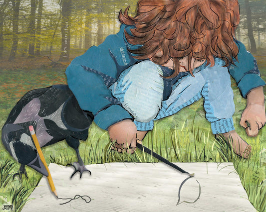 Greeting Card of mixed media collage of a child and a crow drawing on a paper together, friendship, nature, birds - Blank Inside