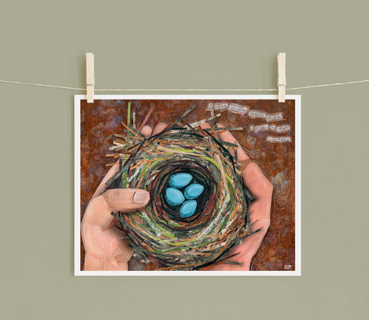 8x10 Art Print of a mixed media collage of a hand holding a robin nest with four blue eggs in it, nature, birds, motherhood, baby