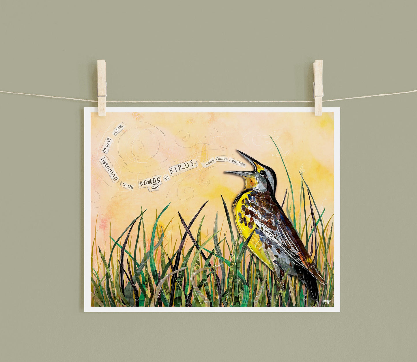 8x10 Art Print of a mixed media collage of a Western Meadowlark singing out in the grass with a John James Audubon quote