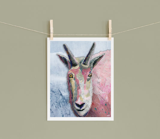 8x10 Art Print of a mixed media collage of a pink mountain goat looking at the viewer with inspirational saying, wildness is necessary