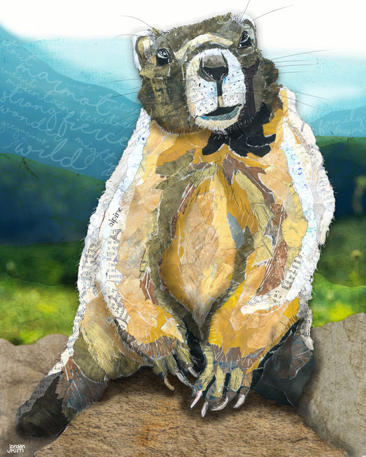 Greeting Card of mixed media collage of a marmot in the mountains, with words about marmots, fierce, strong, family first - Blank Inside