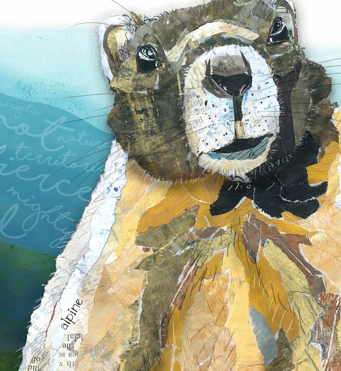8x10 Art Print of a mixed media collage of a marmot in the mountains, with words about marmots, fierce, strong, family first