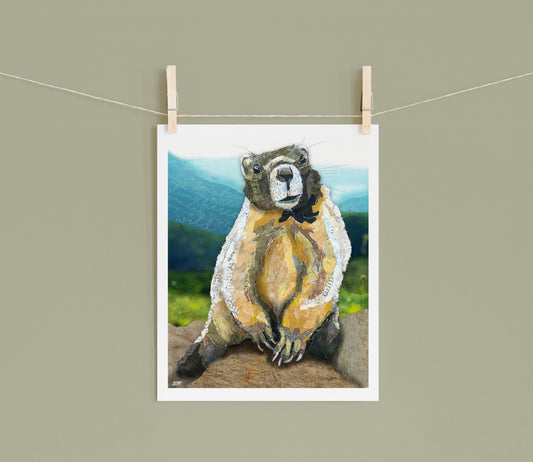 8x10 Art Print of a mixed media collage of a marmot in the mountains, with words about marmots, fierce, strong, family first
