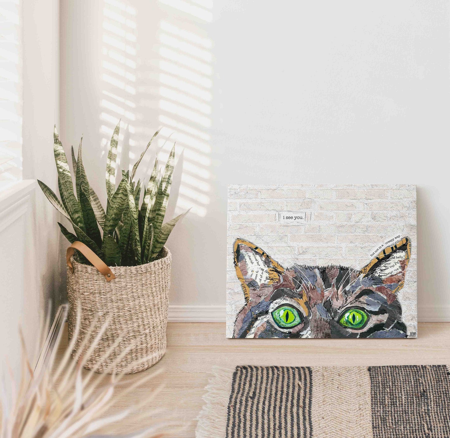 20"x16"x 1.5" of a mixed media collage of a Cat, pets, green eyes - funny text