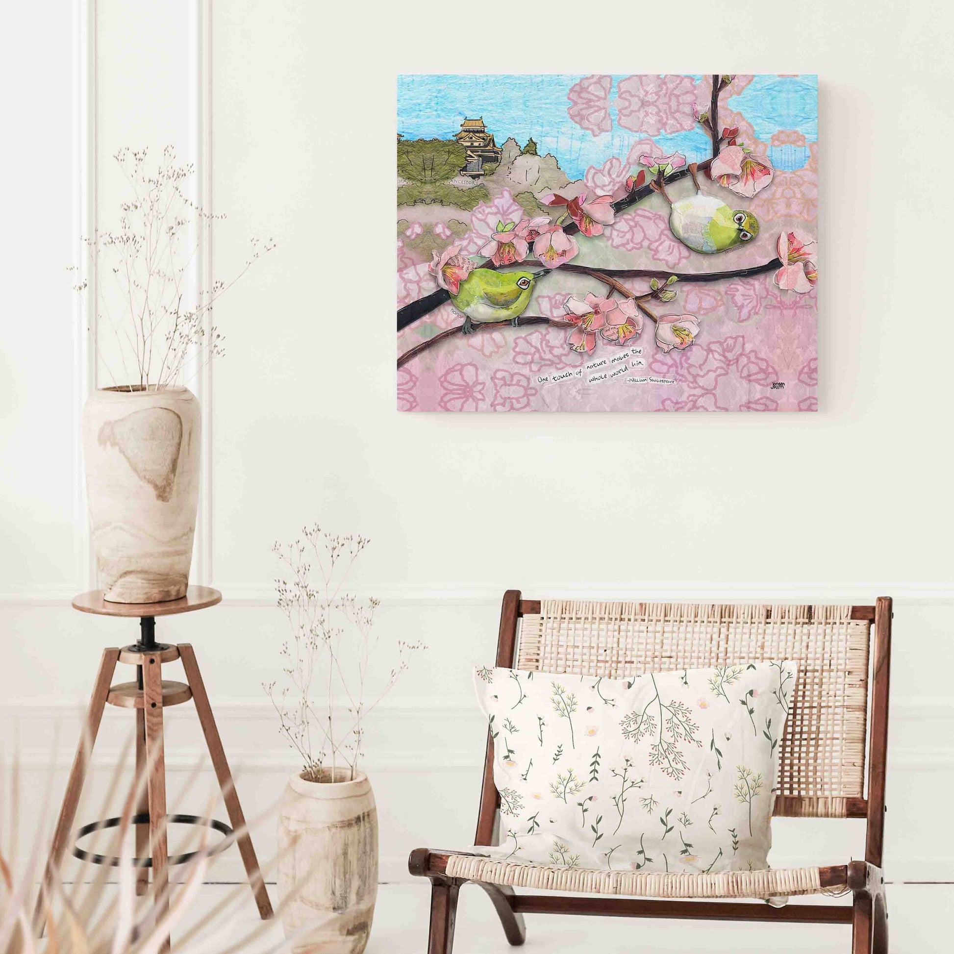 20"x16"x 1.5" Wrapped Canvas Printof a mixed media collage of Japanese White-Eye birds in sakura cherry blossoms, temple, Shakespeare quote