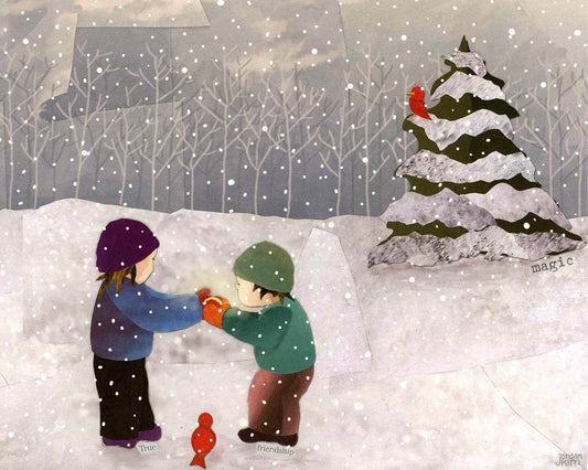 Holiday Greeting Card of Children in the Snow, Red Birds, and Holiday Magic