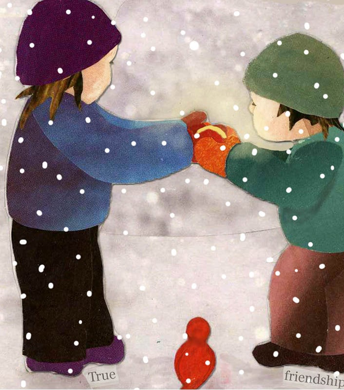 Holiday Greeting Card of Children in the Snow, Red Birds, and Holiday Magic