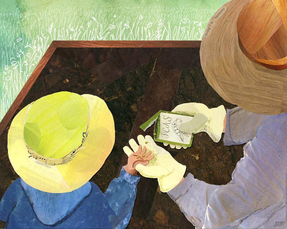 Mothers Day gift art print of mom and child planting seeds in the garden