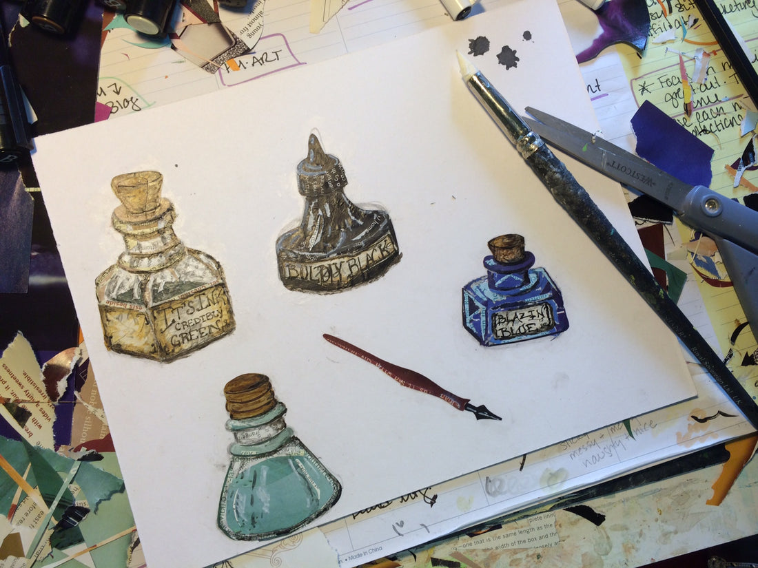 Jordan Kim vintage ink bottle collage