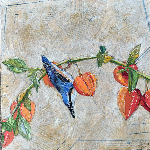 Load video: Video of the making of a mixed media collage of a nuthatch by Jordan Kim