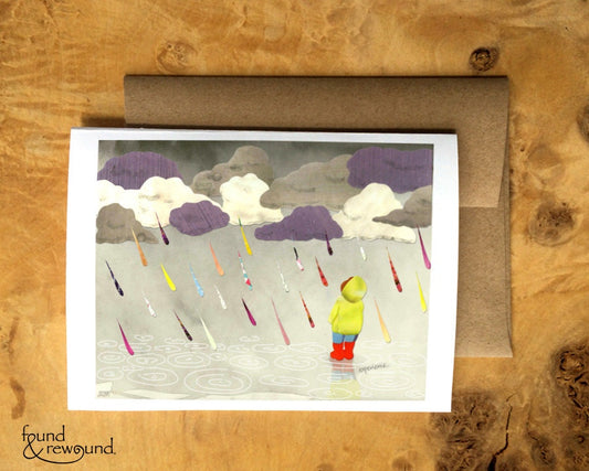 Greeting Card of a Child Watching Rainbow Rain in Spring Puddles - Blank Inside