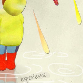 Greeting Card of a Child Watching Rainbow Rain in Spring Puddles - Blank Inside