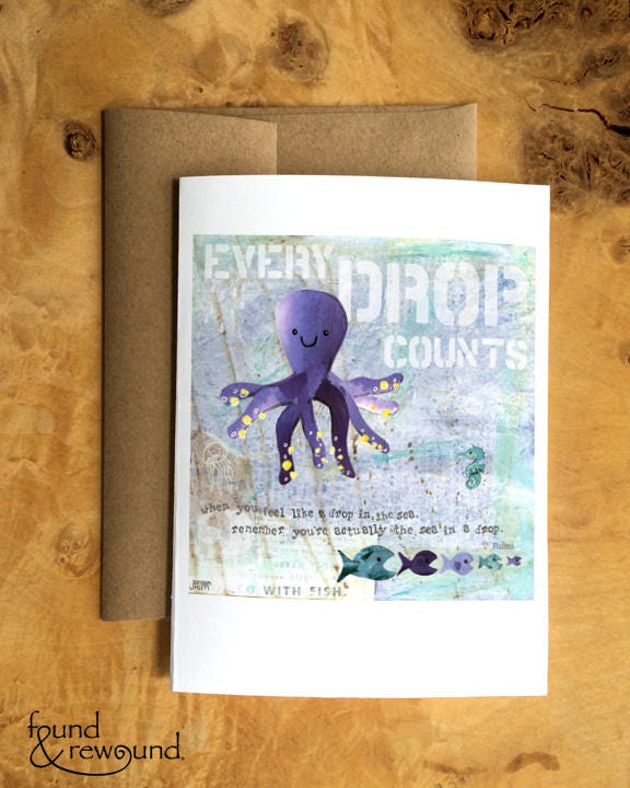 Greeting Card of an Octopus and fish - Every Drop Counts - Encouragement Card - Rumi Quote - Blank Card