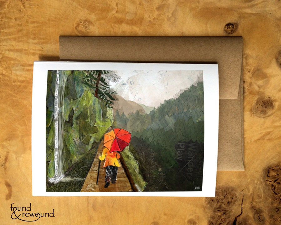 Blank Greeting Card - Rainy Gorge Hike - Mixed Media Collage