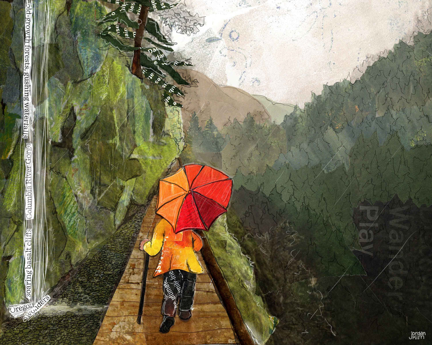 8x10 Art print - Rainy Gorge Hike - Mixed Media Collage