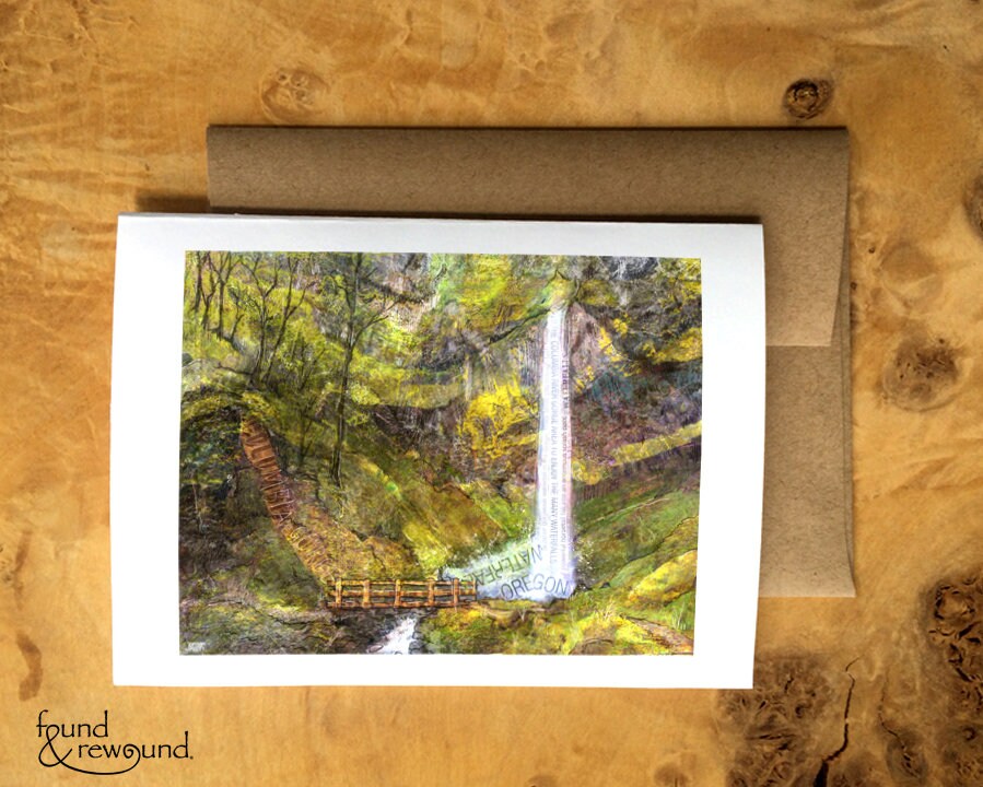 Blank Greeting Card - Wahclella Falls - Mixed Media Collage