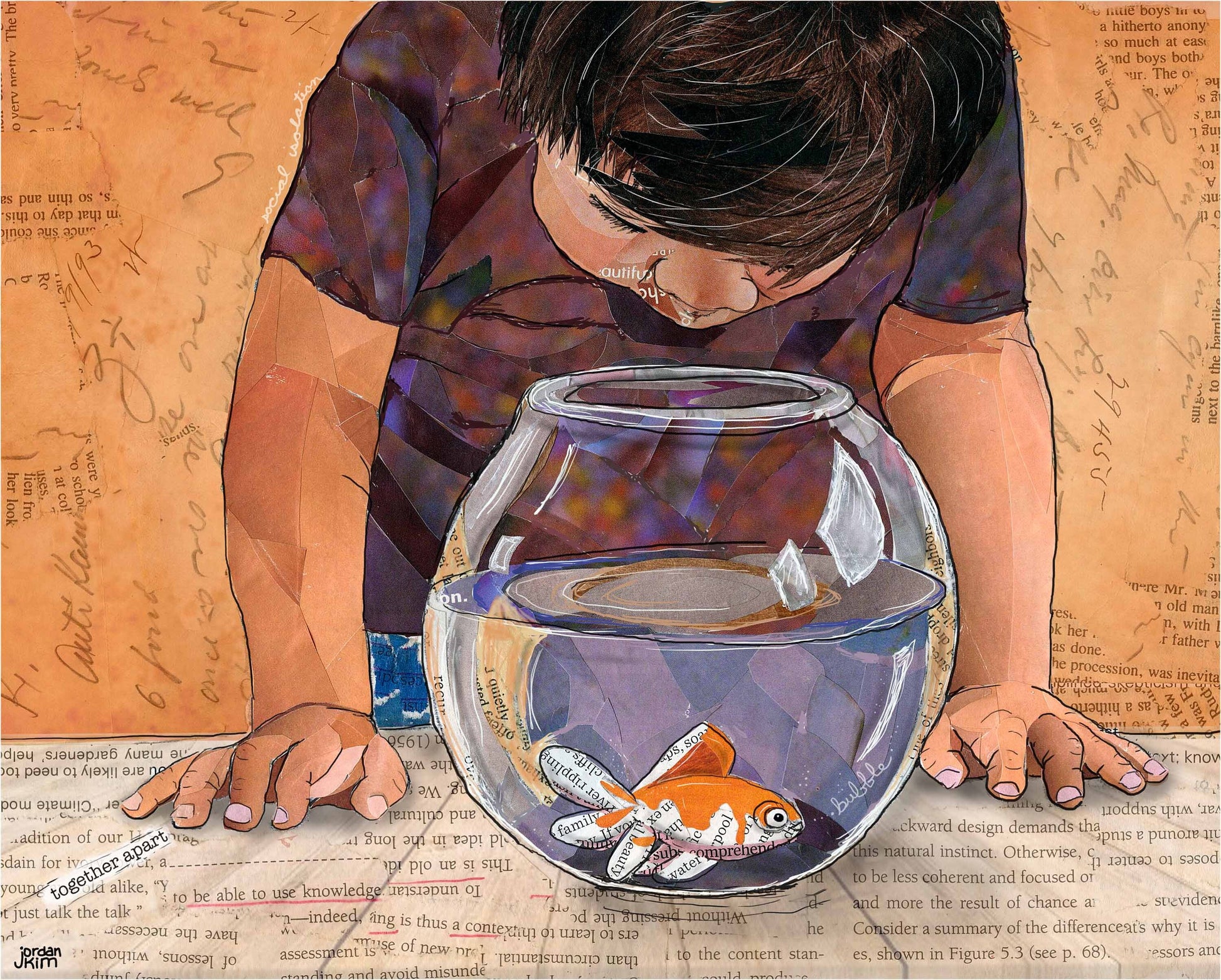 Greeting Card of a Paper Collage of a little boy looking into a fish bowl, goldfish, childhood, pandemic art, connection - Blank Inside