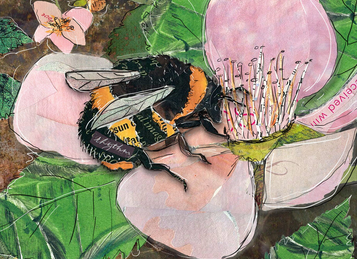 8x10 Art Print of a mixed media collage of a bumble bee pollenating blackberry flowers, frog hiding among leaves