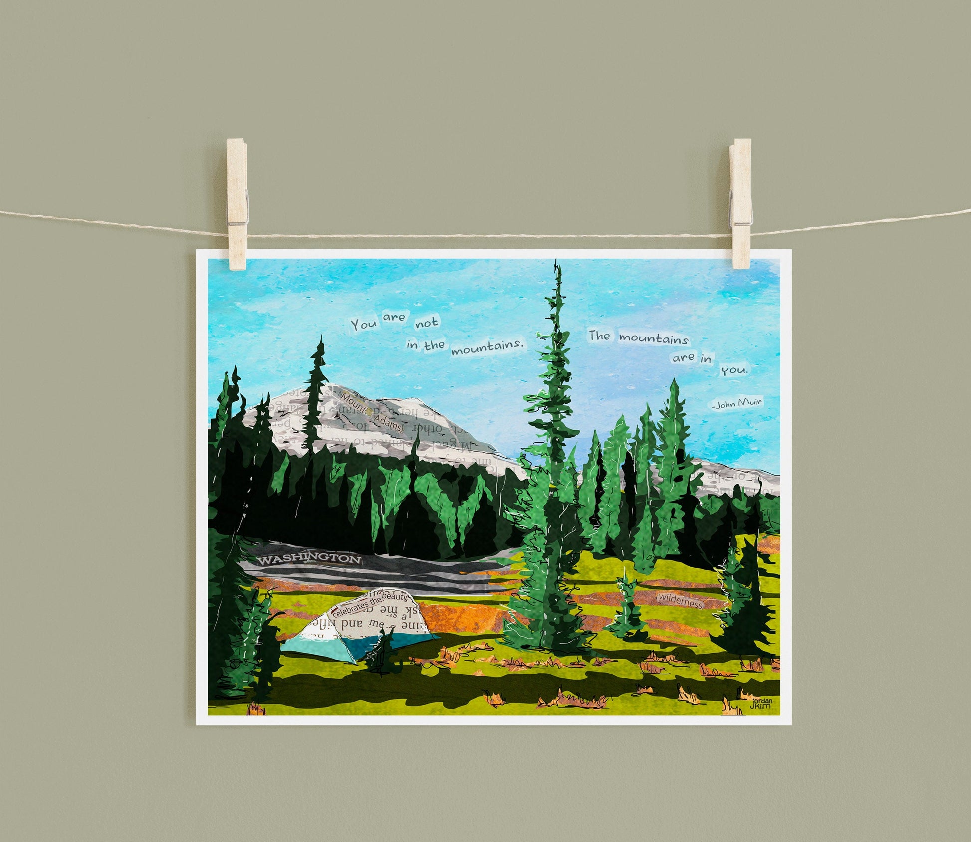 8x10 Art Print - Mt Adams Camping - Mixed Media Collage