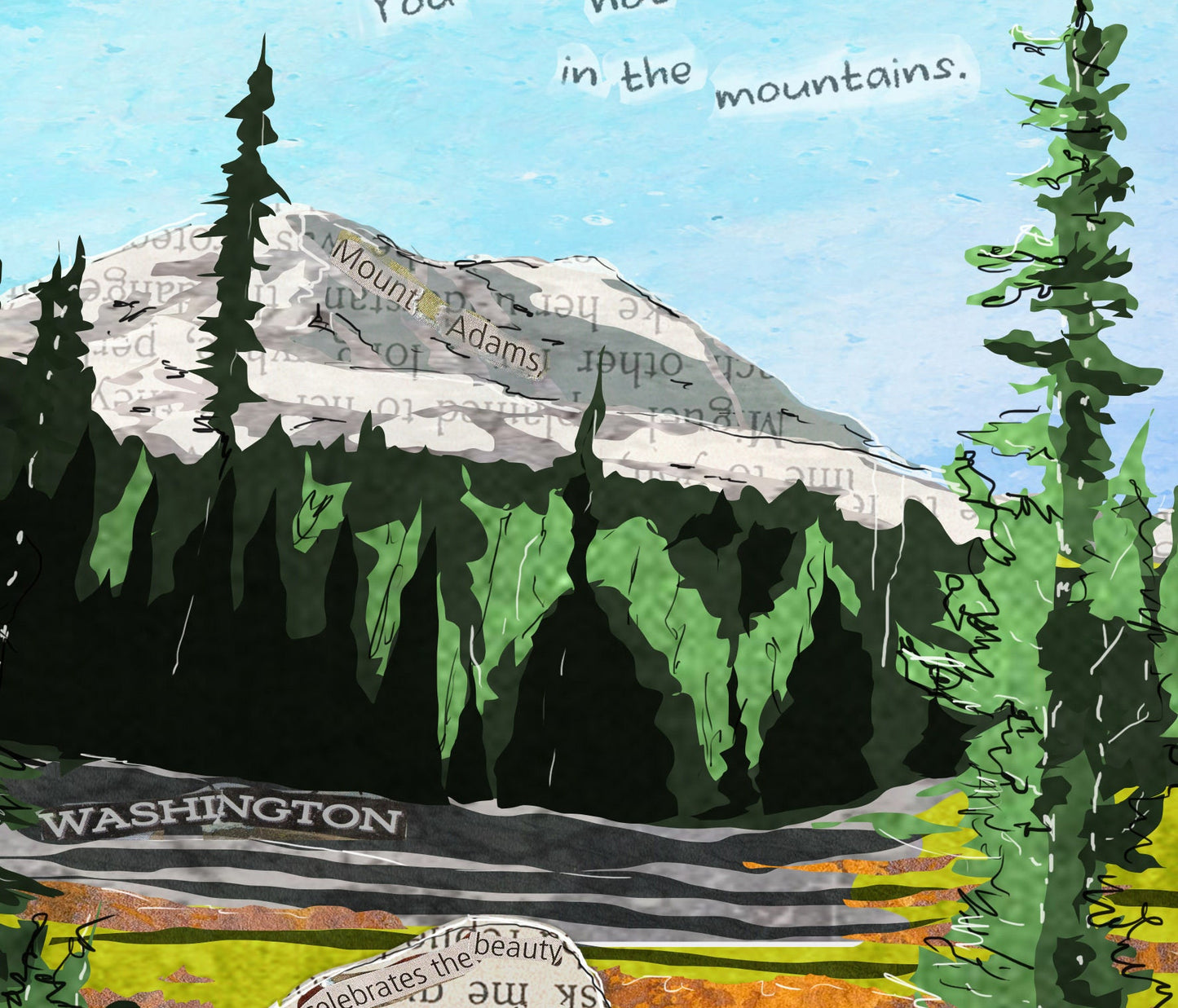 8x10 Art Print - Mt Adams Camping - Mixed Media Collage