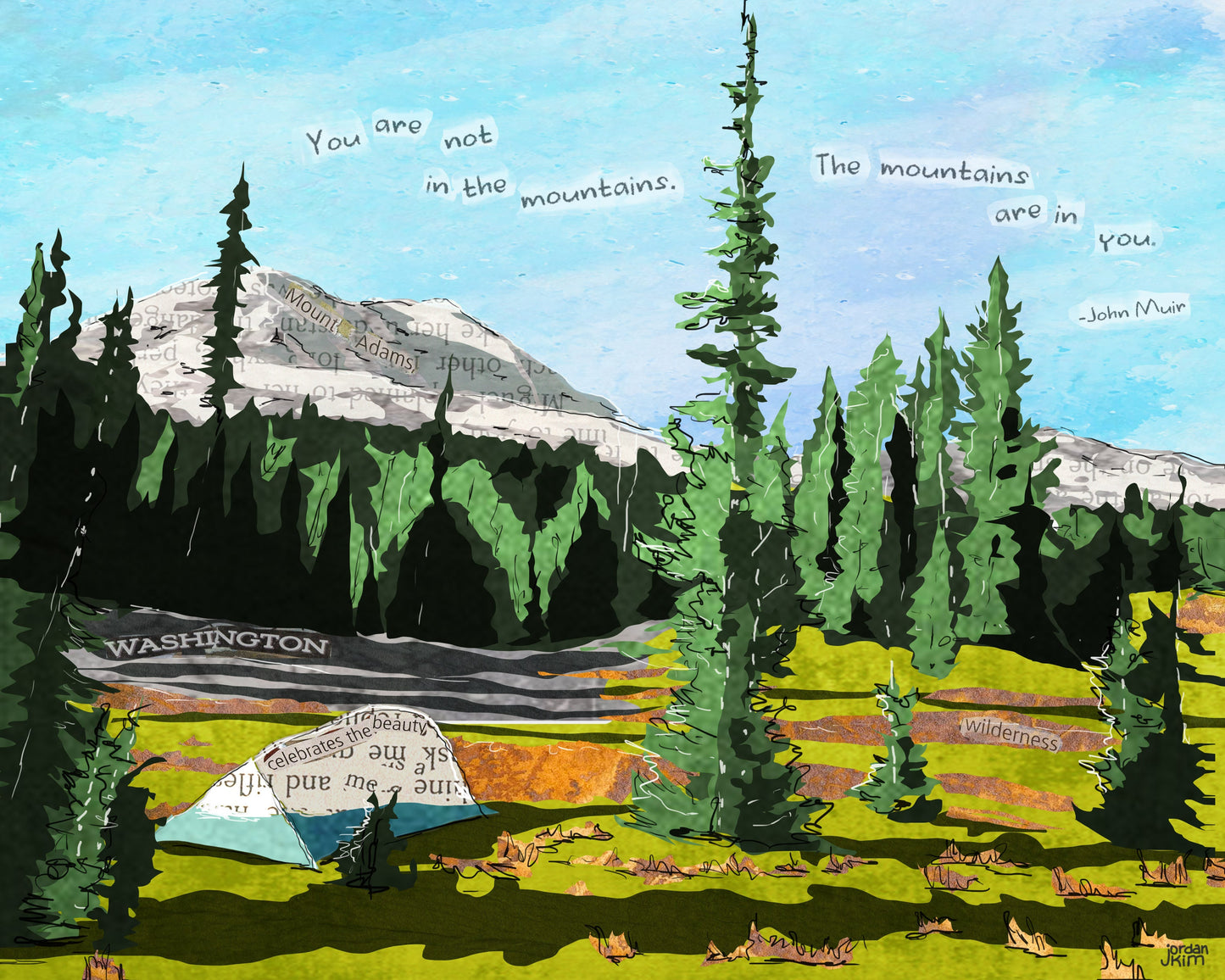 8x10 Art Print - Mt Adams Camping - Mixed Media Collage