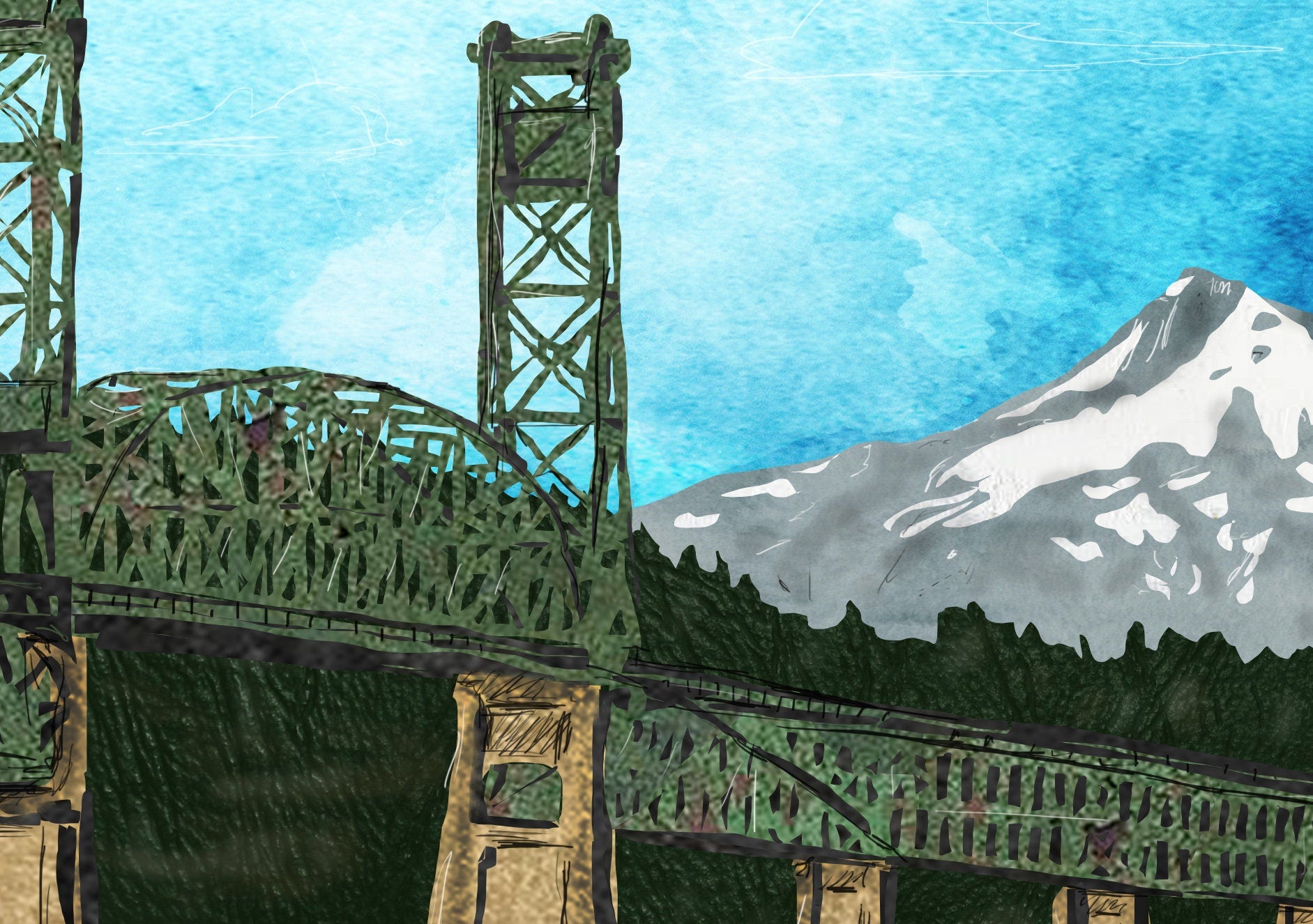 8x10 Art Print - Hood River Bridge - Mixed Media Collage
